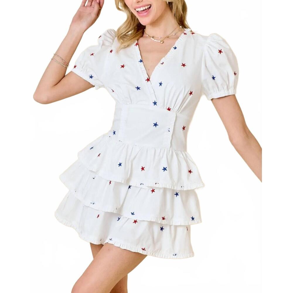 NEW DAY + MOON star embroidered ruffle romper dress in white